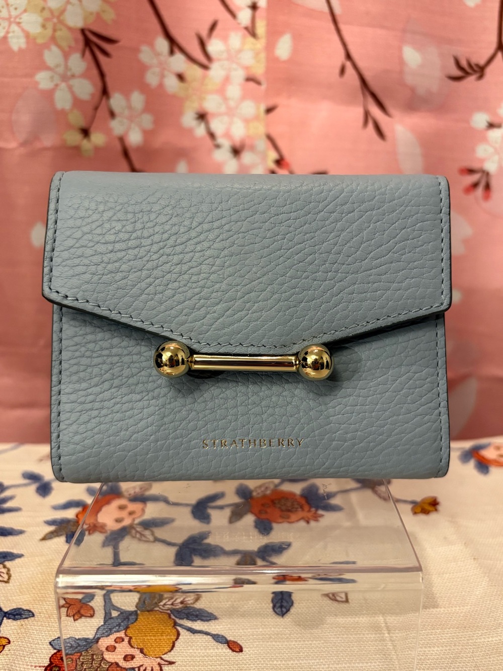 Strathberry Mosaic Trifold Wallet Dusky Blue Gold HW NEW